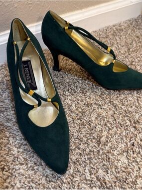 J.Renee Dark Green Suede Pointed Toe Heels with Gold Accents